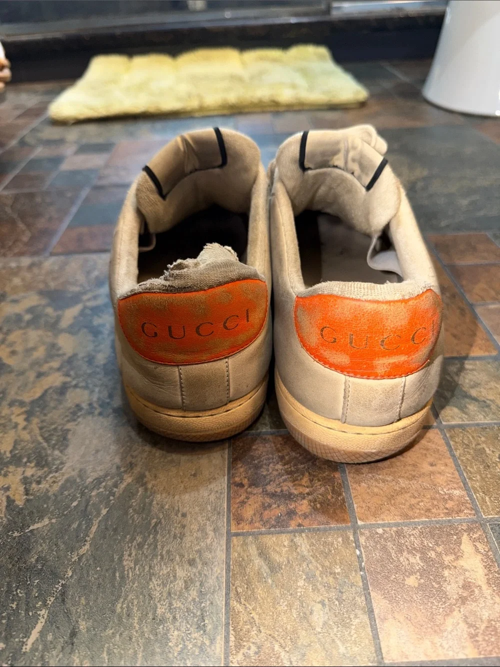 Gucci Beige Leather Sneakers with Blue and Red Accents